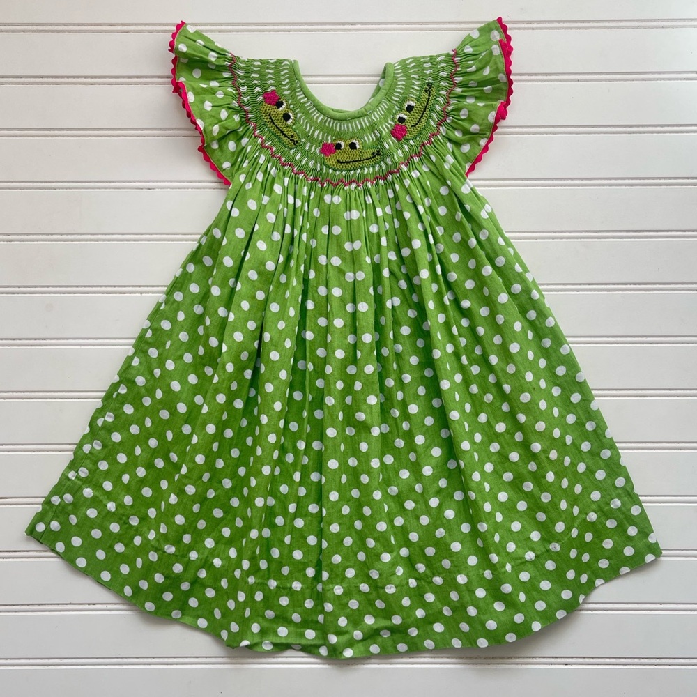 HAND SMOCKED EUC Smocked Alligator Polka Dot Flutter Sleeve Heirloom Dress